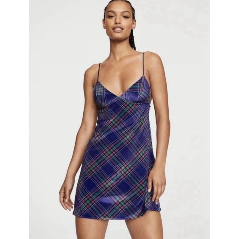 Victoria's Secret Purple Plaid Velvet Slip Dress Mini Chemise 905041-QAK M